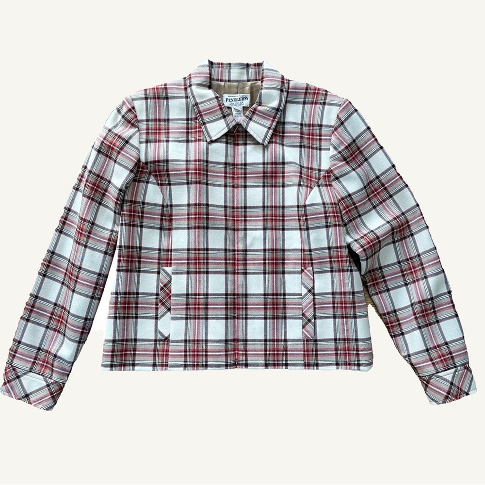 Pendleton Plaid Wool Jacket Red Cream Zip Front Size 12